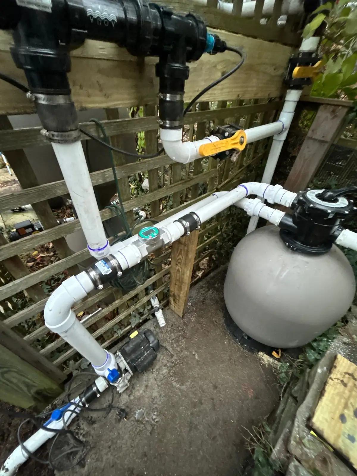 Crystal clear pond water with visible fish and natural stones