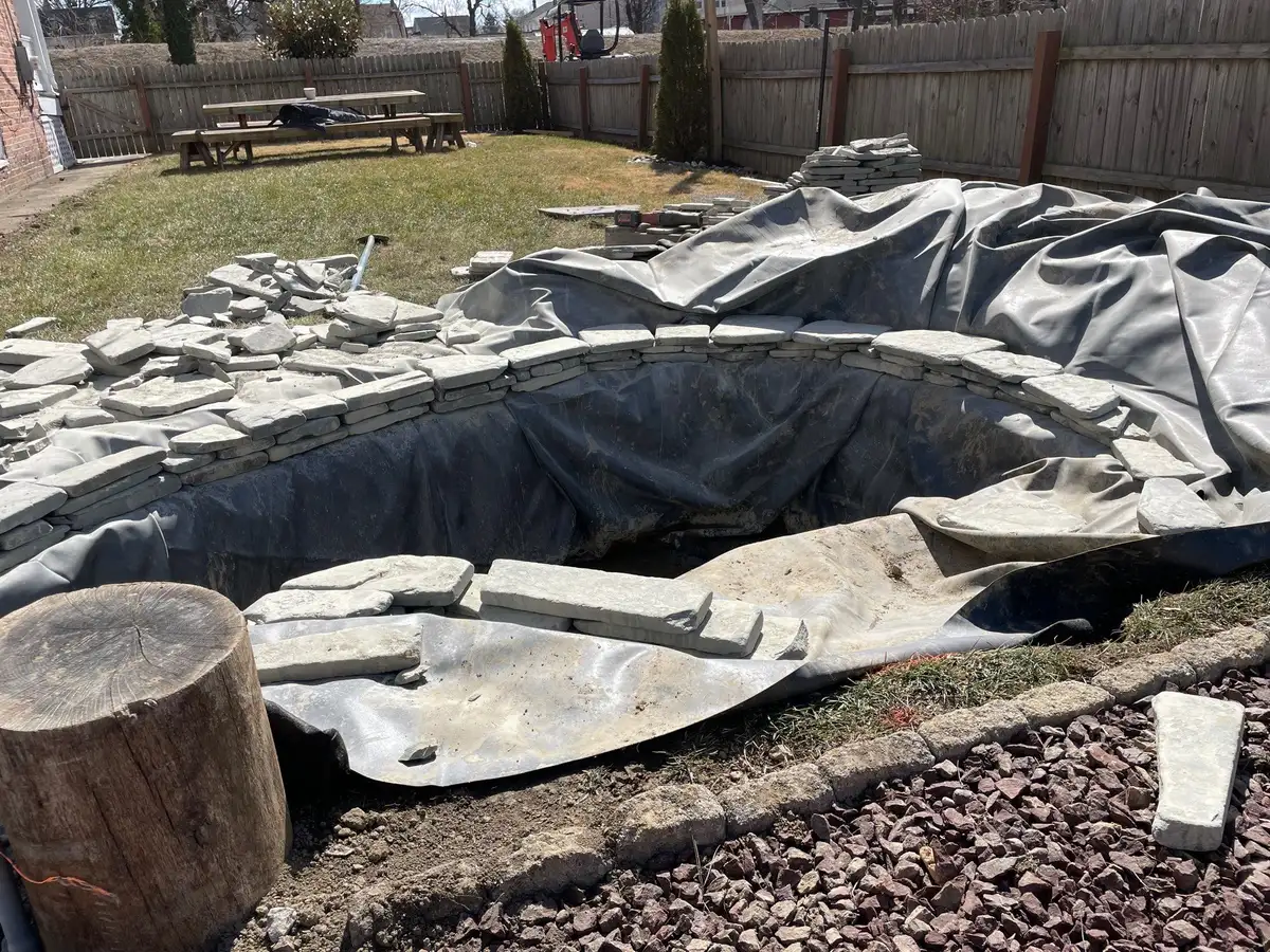 Clear pond water with healthy koi fish visible through the surface