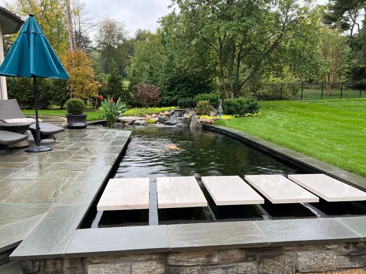 Landscape water feature detail with surrounding stone and grade
