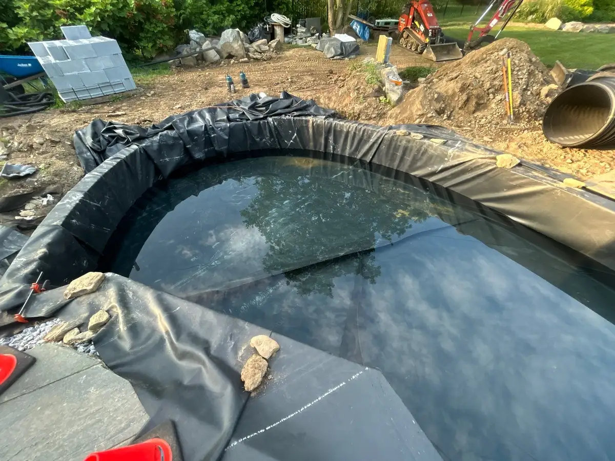 Backyard waterfall flowing into ecosystem pond